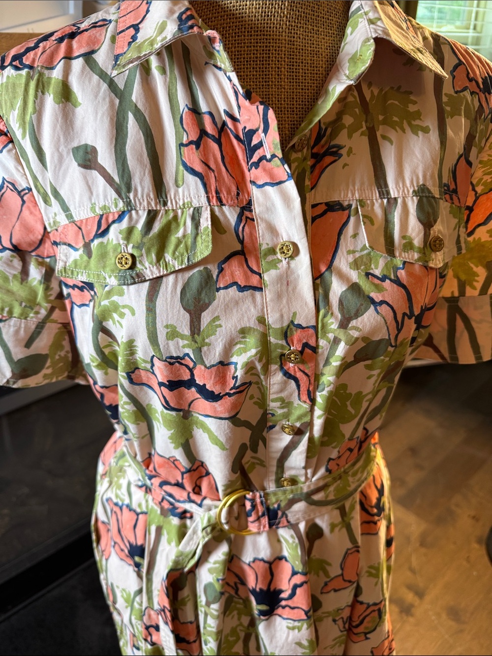 Tory Burch Poplin Shirtdress Pink Poppies size 14 belted - Picture 2 of 5